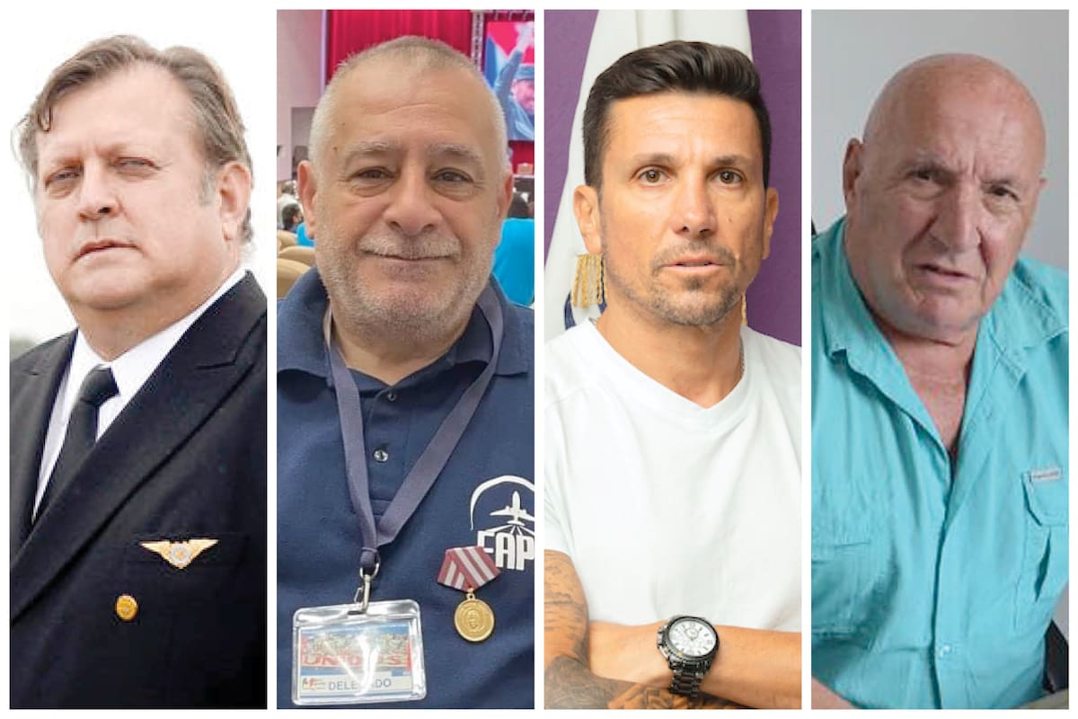 Los cuatro sindicalistas que encabezan el reclamo salarial contra Aerolíneas Argentinas: Pablo Biró (Apla), Edgardo Llano (APA), Rubén Fernández (Upsa) y Juan Pablo Brey (Aeronavegantes)