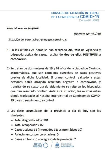 Los datos que figuran en la web del gobierno de Formosa este martes a las 18