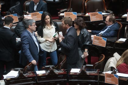 Los diputados de Unión por la Patria, Germán Martínez, Sabrina Selva y Paula Penacca, junto a Nicolás Massot, de Encuentro Federal