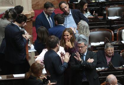 Los diputados peronistas Germán Martínez y Victoria Tolosa Paz, parados en el recinto