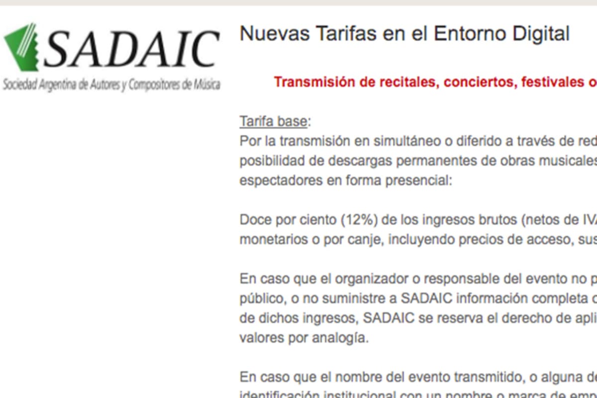 Los directivos de SADAIC defienden su decisión de cobrar un arancel a los shows que empezaron a realizarse desde el comienzo de la cuarentena