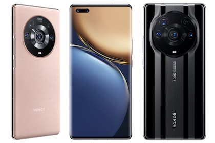 Los diseños traseros del Magic3 Pro (izq) y Pro+ (der); el aspecto frontal (medio) es el mismo para los tres teléfonos