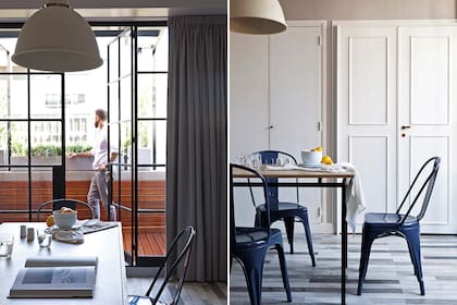 Los distintos colores del nuevo piso de porcelanato italiano símil madera (SBG) se llevaron a las cortinas, la pared y las puertas dobles (las del único placard y las que cierran el dormitorio).