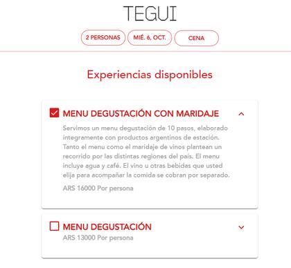 Los dos menús disponibles para quienes quieran cenar en Tegui en sus últimos días