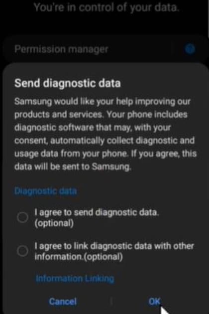 Los dos puntos que están en "Enviar datos de diagnóstico" deben ser desactivados y luego se aprieta "Ok" o "Aceptar" para el ahorro de baterías