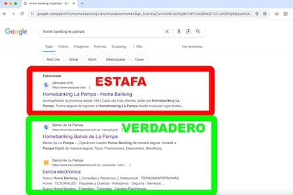 Los dos resultados que aparecían al buscar el acceso al sitio del Banco de La Pampa en Google