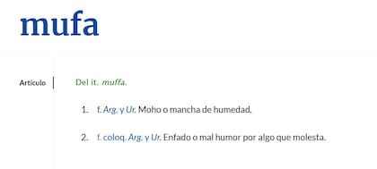 Los dos significados de la palabra mufa según la RAE (Foto: captura de pantalla RAE)