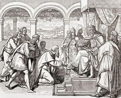 Los emisarios de Harun al-Rashid le entregan obsequios a Carlomagno ante su impresionada corte