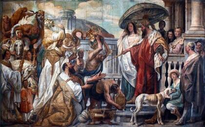 Los enviados del califa Harun al-Rashid le ofrecen un reloj a Carlomagno. Esta obra pertenece a la colección del Museo de Bellas Artes de Cambrai. Artista: Jordaens, Jacob (1593-1678)