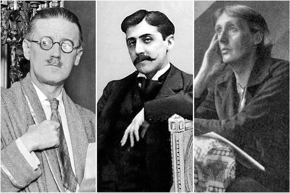 Los escritores James Joyce, Marcel Proust, y Virginia Woolf
