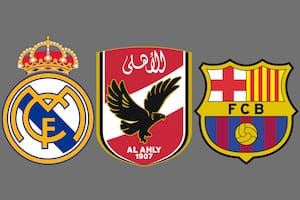 Los escudos de Real Madrid, Al-Ahly (Egipto) y Barcelona. Los tres están en el podio de campeones internacionales