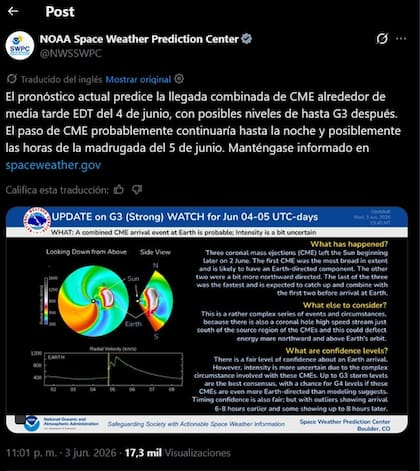 Los especialistas alertan sobre una tormenta geomagnética fuerte (G3) programada para el 4 y 5 de junio