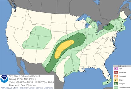 Los estados bajo alerta inicial por tormentas intensas, vientos dañinos y granizo de gran tamaño durante el martes incluyen a Texas, Oklahoma, Kansas y Missouri