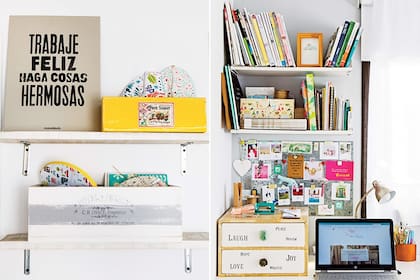 En el escritorio, cajonera reciclada con hojas de libros y tiradores (Anthropologie)