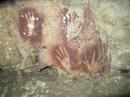 Los estarcidos de manos alargadas más recientes encontrados en otras partes de Suluwesi muestran cuán frecuente era la imagen de la garra roja entre estos antiguos artistas
(Ahdi Agus Oktaviana/Maxime Aubert via AP)