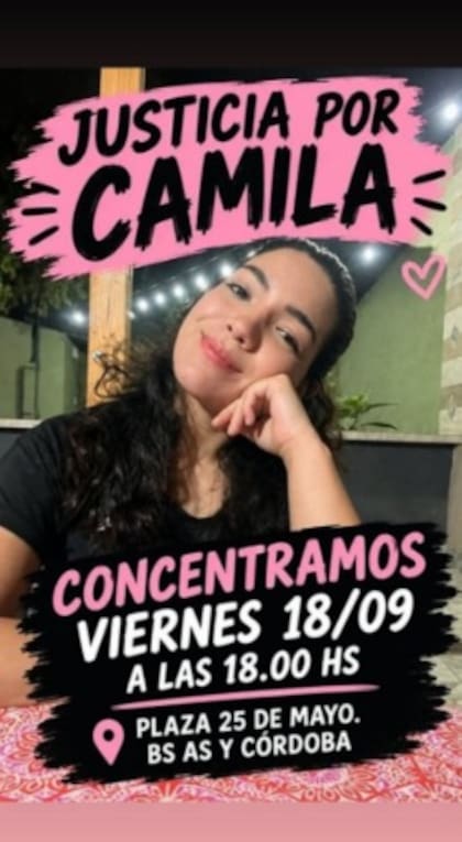 Los familiares de Camila Vecchiarello convocaron a una movilización para este viernes a las 18, en la Plaza San Martín de Rosario (Córdoba y Buenos Aires) en reclamo de justicia.