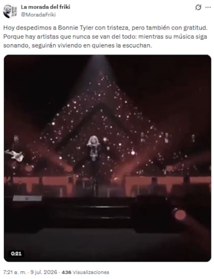 Los fanáticos de Bonnie Tyler la despidieron con sentidos mensajes en las redes sociales (Foto: X)