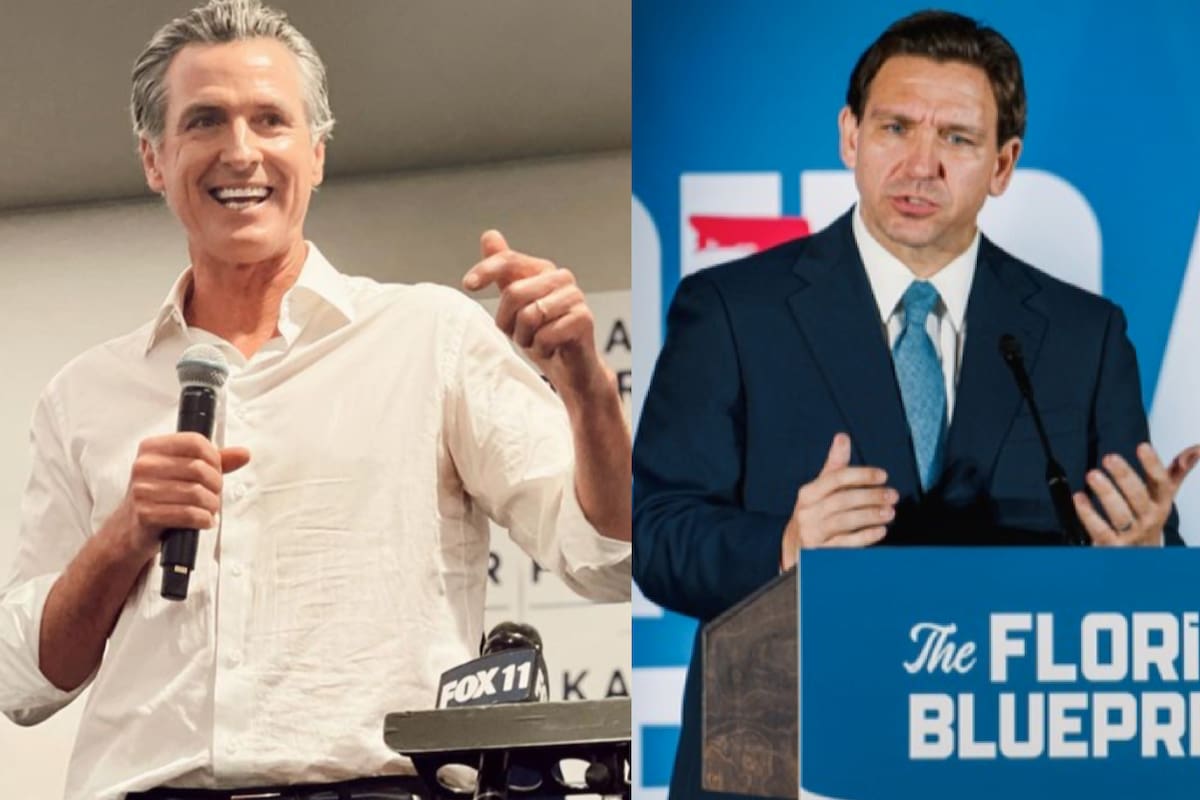Los gobernadores Gavin Newsom, de California (der.), y Ron DeSantis, de Florida, han tenido varios desencuentros mediáticos por sus posturas