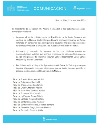 Los gobernadores que firmaron fueron Kicillof, Jalil, Capitanich, Arcioni, Bordet, Insfrán, Ziliotto, Quintela, Kirchner, Zamora, Melella y Jaldo