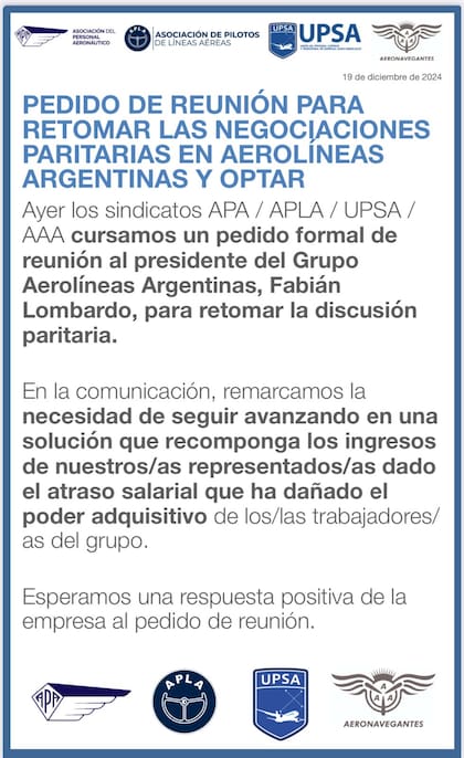 Los gremios aeronáuticos piden retomar la negociación salarial