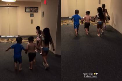 Los hijos de Valentina Cervantes y los de Agustina Gandolfo pasaron una divertida tarde en el hotel (Foto: Captura de video / Instagram @agus.gandolfo)