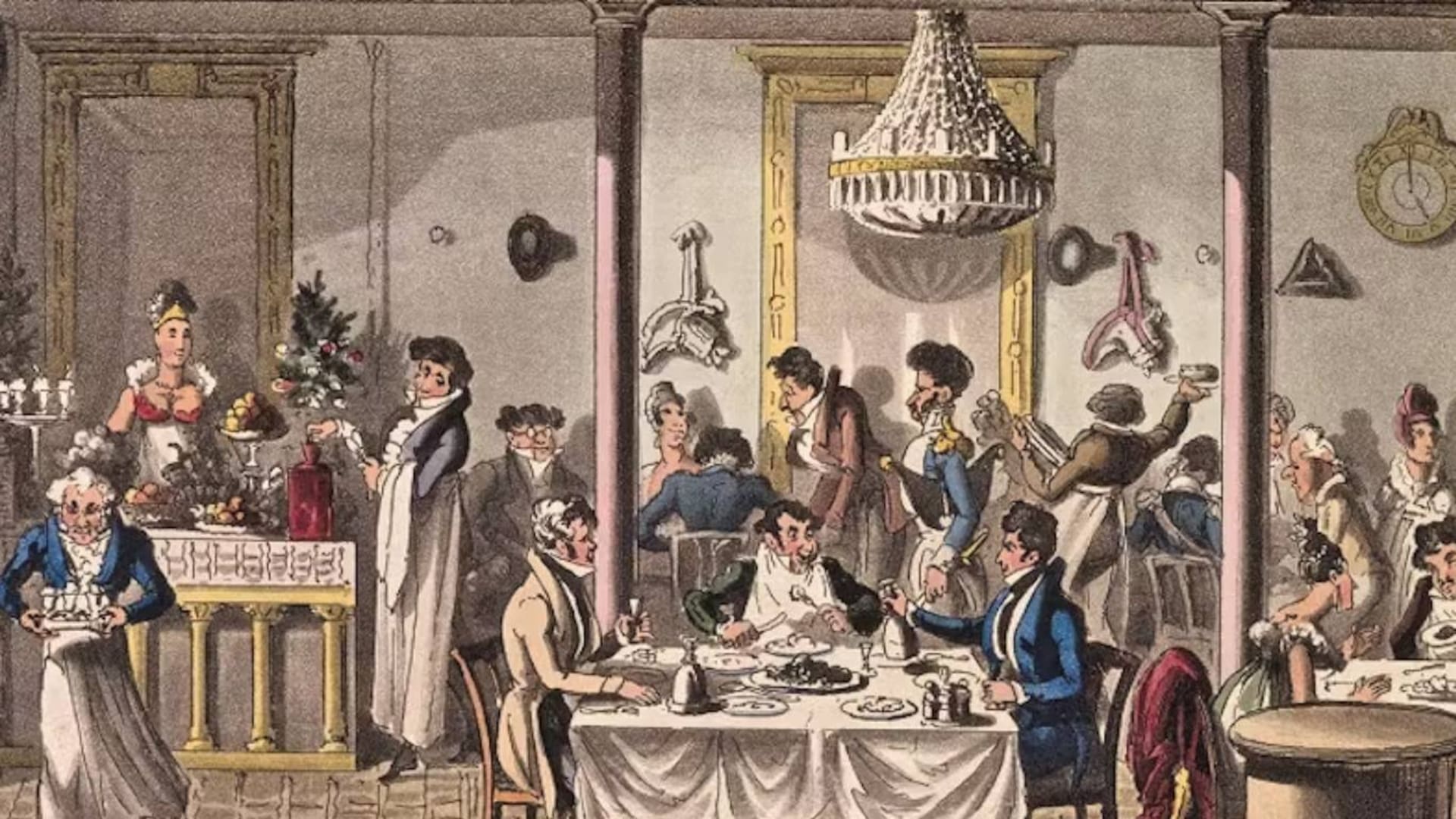 Los historiadores señalan que fue en París donde nació el primer restaurante, que luego se fueron haciendo más sofisticados, como se ve en este cuadro Déjeuner au Palais-Royal (Almuerzo en el Palacio Real), de 1822, de George Cruikshank