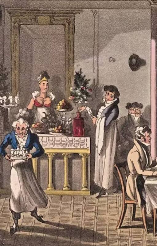 Los historiadores señalan que fue en París donde nació el primer restaurante, que luego se fueron haciendo más sofisticados, como se ve en este cuadro Déjeuner au Palais-Royal (Almuerzo en el Palacio Real), de 1822, de George Cruikshank