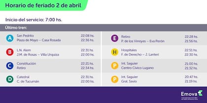 Los horarios de las distintas líneas de subte el feriado del miércoles 2 de abril
