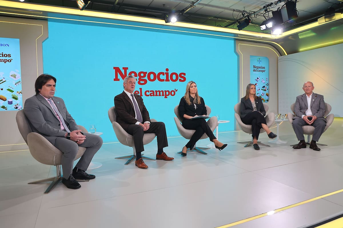 Los integrantes de la Mesa de Enlace, Lucas Magnano (Coninagro), Nicolás Pino (SRA), Andrea Sarnari (FAA) y Carlos Castagnani (CRA)