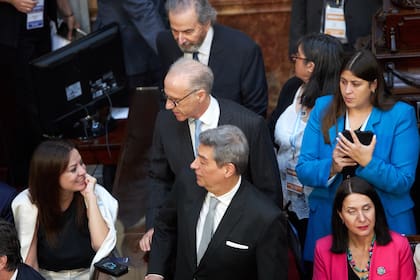 Los jueces Horacio Rosatti, Carlos Rosenkrantz y Juan Maqueda pasan al lado de la ministra Pettovello en la Asamblea Legislativa del 1 de marzo