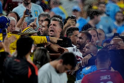 Los jugadores de la selección de Uruguay se pelean con hinchas al término de la semifinal contra Colombia en la Copa América, el 10 de julio de 2024