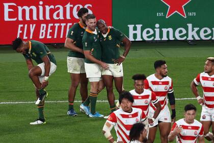 Los jugadores sudafricanos celebran un try, ante la decepción de los locales.