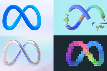 Los logos de Meta: la compañía eligió el primero como imagen institucional, pero dice que en el "metaverso" tendrá diferentes versiones