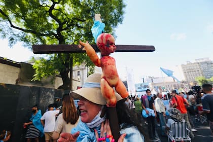 Los manifestantes celestes con banderas y pancartas frente al Congreso de la Nación