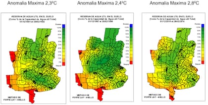 Los mapas muestran cómo respondieron las reservas de agua del suelo durante los Niños fuertes de 1992, 1998 y 2016