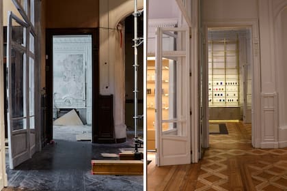 Los marcos de madera oscura fueron pintados de blanco y la boiserie de las paredes quedó a la vista gracias al diseño de las repisas.