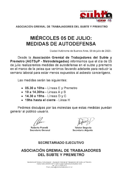 Los metrodelegados detuvieron el servicio de subte de manera escalonada este miércoles