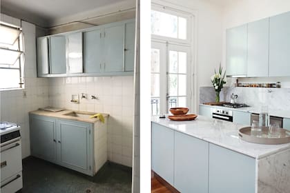 Los muebles de cocina (Estudio Trama) se pintaron con el tono ‘Sea Salt’ de Sherwin Williams. Con mesada de mármol de Carrara (Forte dei Marmi), la isla ofrece más lugar de trabajo y apoyo a la cocina, y contribuye a separar los ambientes.