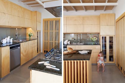 Los muebles de madera y fenólico son diseño de Verónica Gilotaux realizado a medida por Fuentealba y Cía. Mesada de granito ‘Verde Ubatuba’ (Forte dei Marmi). Alzada de vidrio laminado (Crisarte).