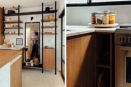 Los muebles (Estudio Literas) son de melamina Robinia Branson Marrón Natural (Egger) con mesada de Silestone 'Blanco Paloma' (Marmolería Vinvimarmi).