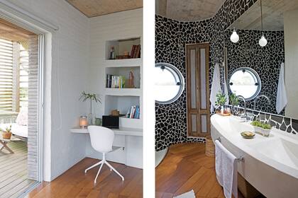 Los nichos de obra le dan lugar a un pequeño escritorio con silla de BoConcept.