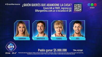 Los nominados de esta semana son Sabrina, Bautista, Isabel y Joel. Captura: Telefe