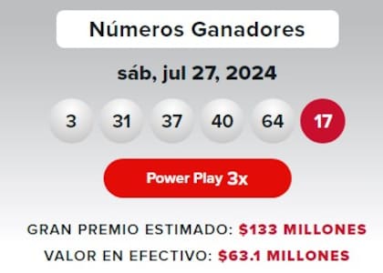 Los números ganadores de Powerball del sábado 27 de julio