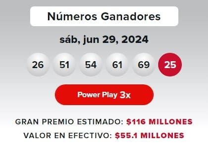 Los números ganadores de Powerball del sábado 29 de junio