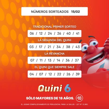 Los números ganadores del sorteo del Quini 6 este domingo 15 de febrero
