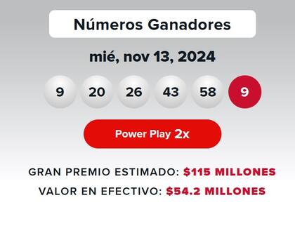 Los números ganadores del sorteo Powerball del miércoles 13 de noviembre.