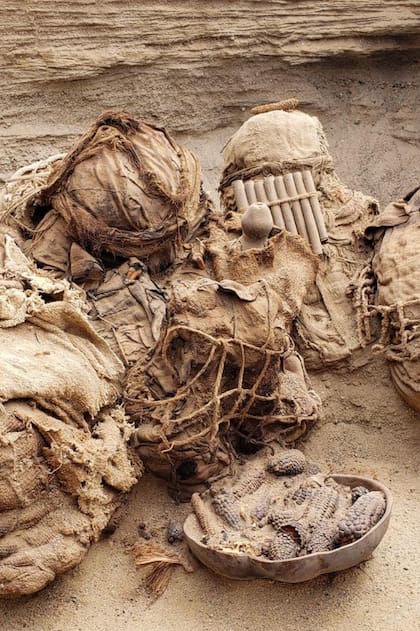 Los ocho fardos de adultos y niños estaban envueltos con delgadas sogas vegetales trenzadas y telas de color marrón, y sepultados en lo que sería la parte de un cementerio prehispánico