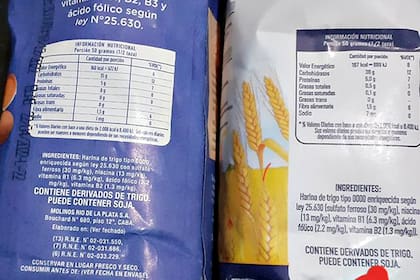 Los paquetes de harina a los que la usuaria de Twitter les dibujó una flecha para señalar el lugar en donde se indicaba que el producto “puede contener soja”