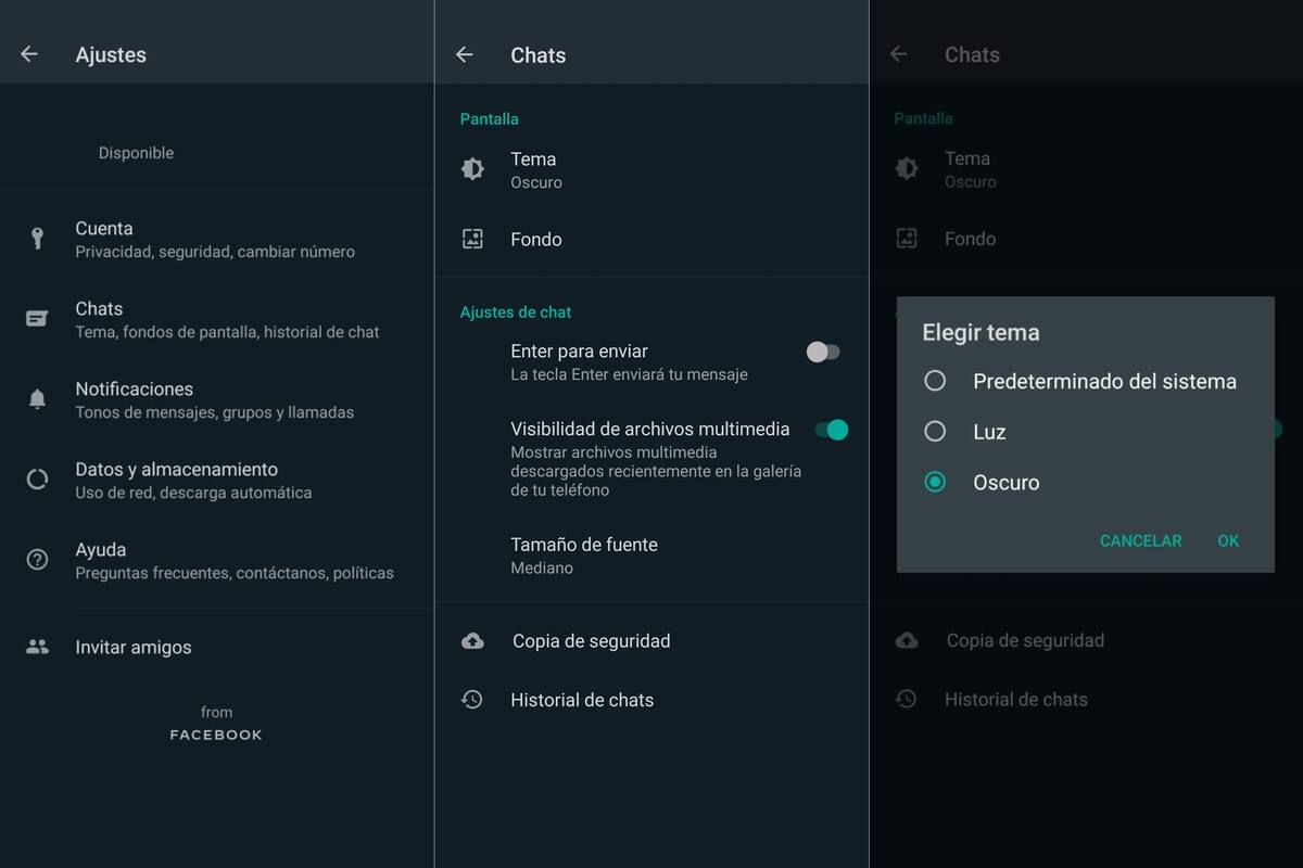 Los pasos para ir al modo oscuro (con la última versión beta disponible): en Ajustes ir a Chats, luego a Tema, y ahí elegir la opción