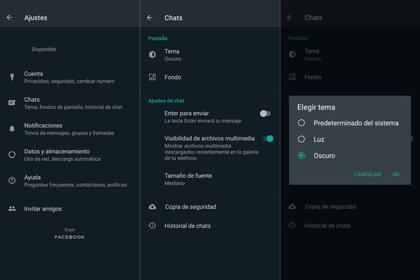 Los pasos para ir al modo oscuro (con la última versión beta disponible): en Ajustes ir a Chats, luego a Tema, y ahí elegir la opción